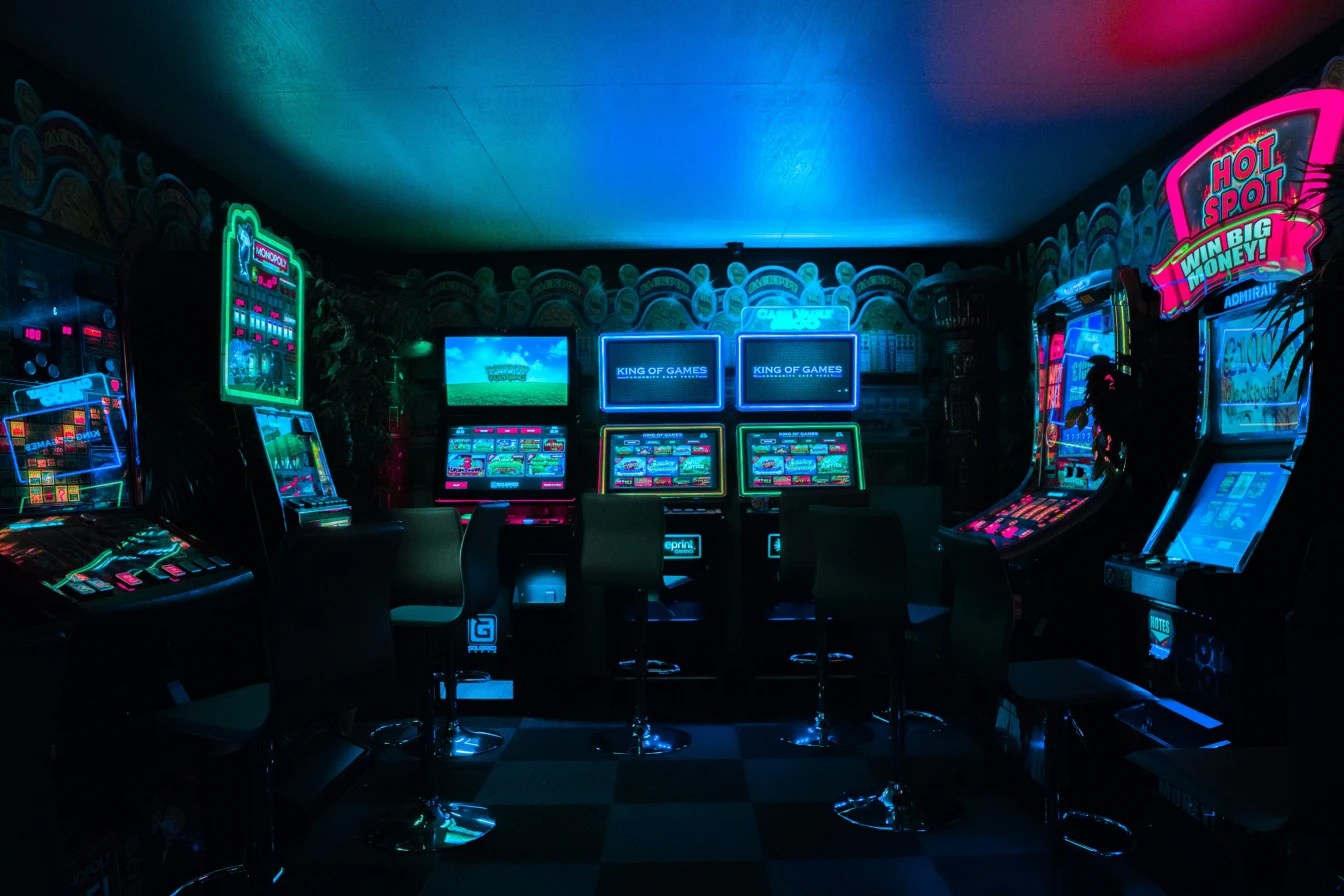 Colorful gaming setup with illuminated screens
